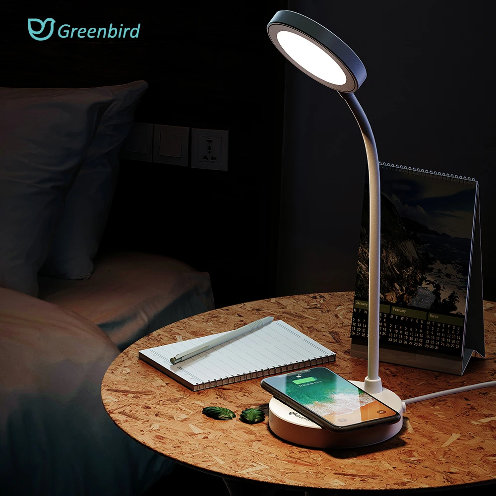 Günstige Greenbird 5W Tisch Schreibtisch Lampe mit Wireless Charging für Handy Weiß Licht Desktop Luminaria Biegsamen Arm für Arbeits  schlafzimmer