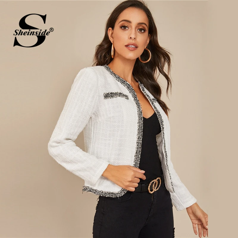 Finest Sheinside White Contrast Binding Tweed Jacket Women 2019 Autumn Elegant Workwear Outerwear Office L