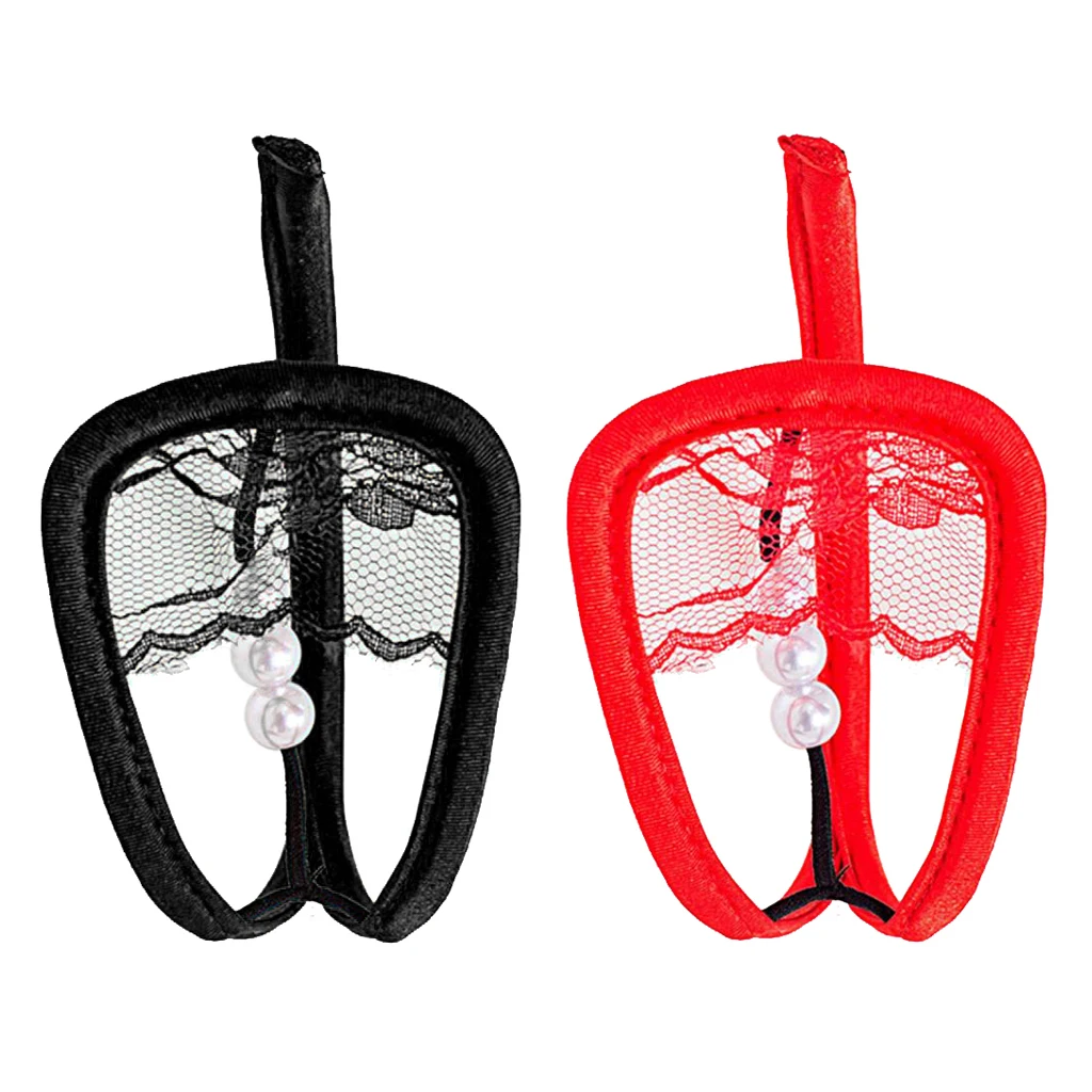 2 Pieces Womens Sexy Pearls Lace C String Thong Underwear Lingerie Red/Black