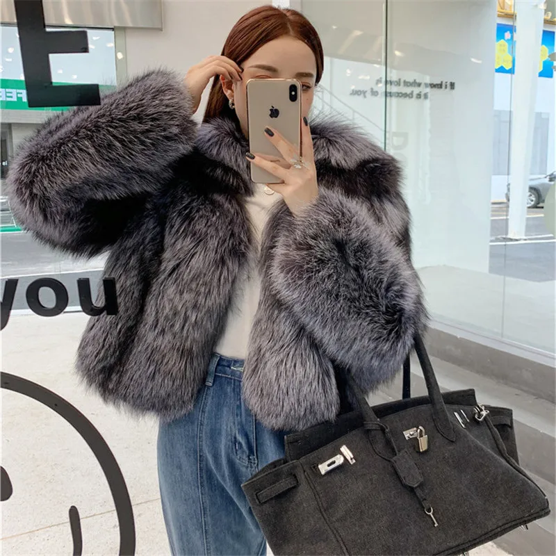 FURSARCAR Winter Thick Silver Fox Fur Coat For Women 50cm Short Real Natural Fur Jacket Fashion Whole Skin Outwear