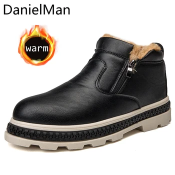

Danielman Winter Leather Male Fur Plush Warm Men Shoes Booties Fashion Zipper High Cut Snow Boots for Men Ankle Boots