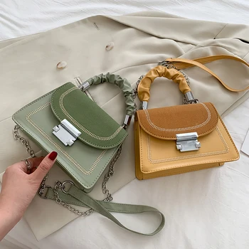 

Fashion Hit Color Shoulder Bags Women Pleated Handle PU Leather Chain Handbags Totes Female Casual Top-handle Crossbody Pouch