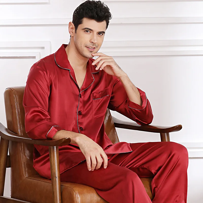 

Birdsky, Fall 1PC Men pajamas pijamas pajama pj set men nightwear long sleeve sleepwear 100% mulberry silk satin solid, S-267