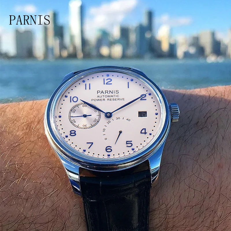 

Parnis Watch Men 43mm Mechanical Calendar Waterproof Automatic Self Wind Watch Power reserve Stainless steel case Date watch