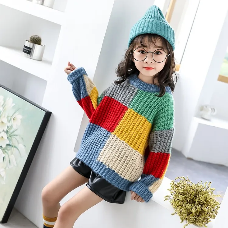 

019 Autumn And Winter New Style Rhombus Decorative Pattern Crew Neck Girls Western Style Fashion Warm Sweater Children Kids' Swe