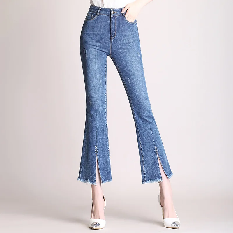 

Women Flare Jeans 2020 Fashion Spring Summer Elastic HIgh Waist Fringe Split BLue Denim Jeans Plus Size 3XL,4XL