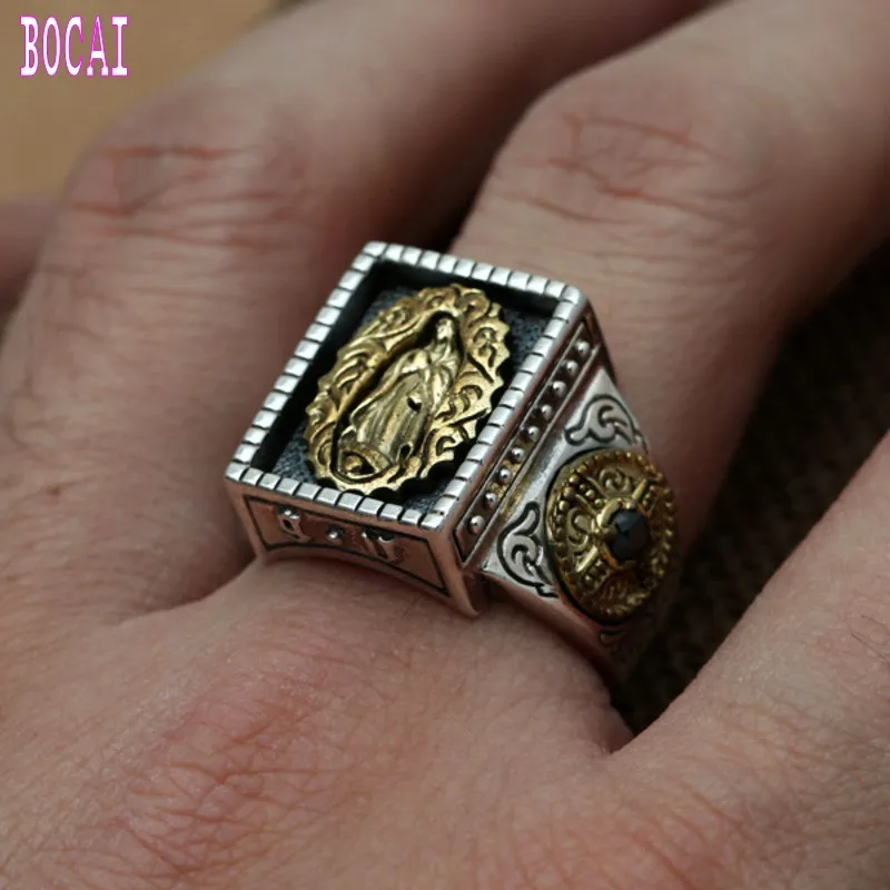 

Wholesale fashion jewelry S925 sterling silver ring inlaid copper Silver Vintage Mens virgin Maria wide ring