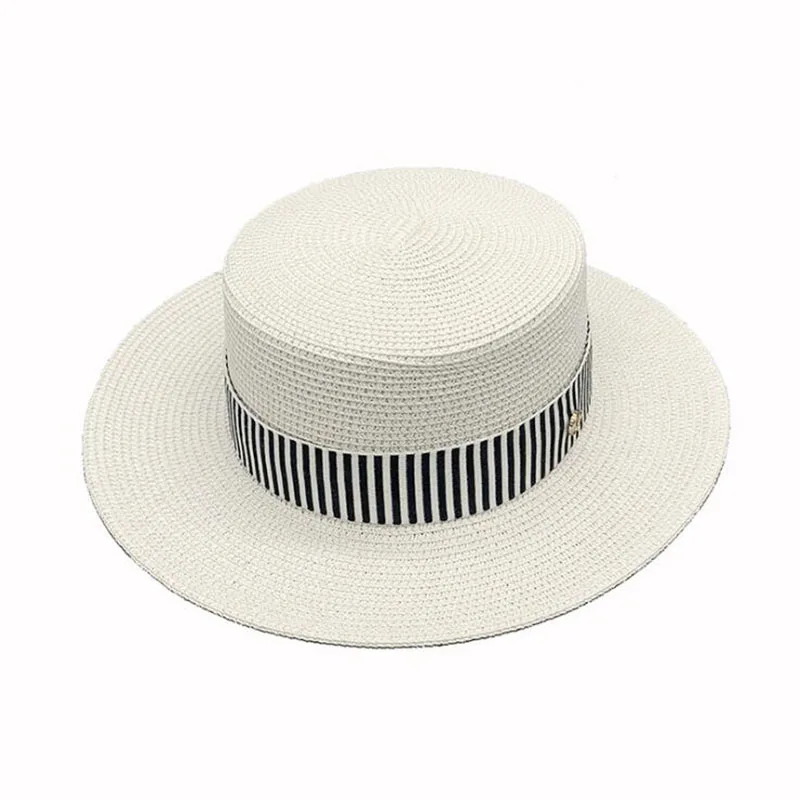 

2022 Summer hat flat top hat off white sun hats for women popular cool nice women's hat paper straw fedora hat stripe ribbon hat