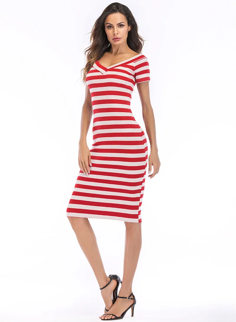 

2018 New Products Europe And America Front And Back V-neck Stripes Slim Fit Short-sleeve Dress