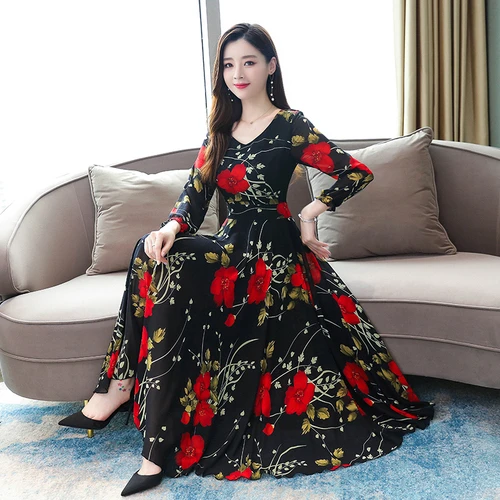 

2019 Autumn New Women Chiffon Maxi Long Dresses Plus Size Red Flower Blue Elegant Designs Woman Sprint Dress Casual Slim