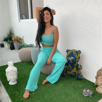 

Solid Women Two Piece Set Spaghetti Strap Square Collar Backless Crop Tops Loose Long Pants Street Lady Chic Two Piece Outfits