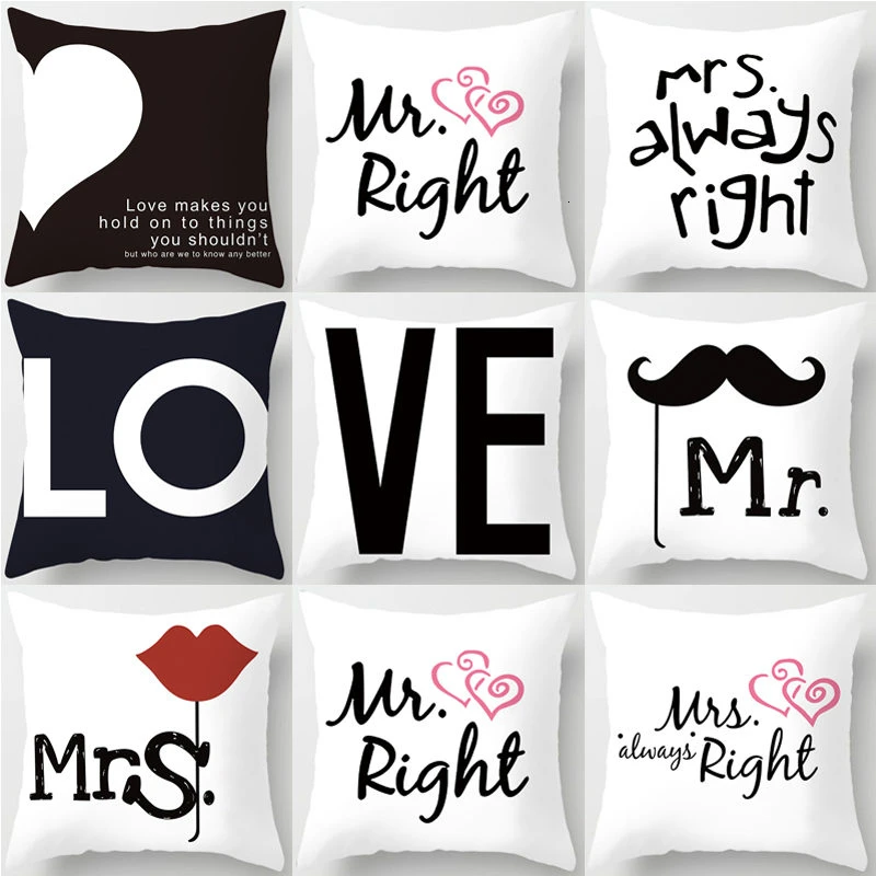 

Love Mr Mrs Heart Couples Cushion Cover Polyester Square Pillowcases Wedding Decoration Home Decor Pillow Cover 45*45cm 40824