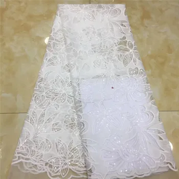 

African Net Lace Fabric, High Quality Elegant White Sequins Nigerian Wedding Lace Fabrics 5Yards Sequins French Tulle lace