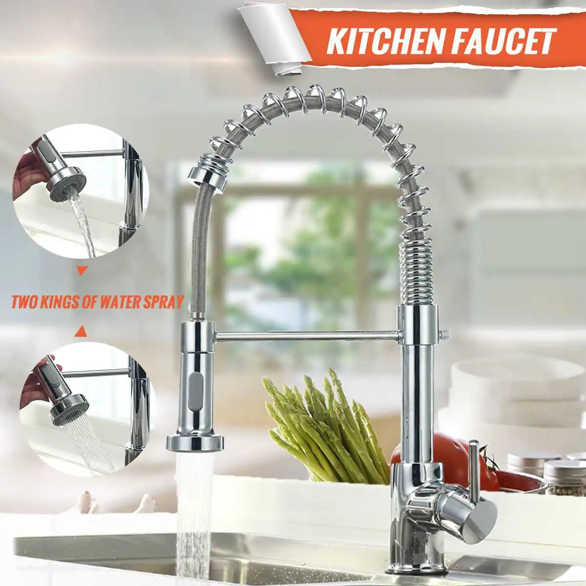 

Xueqin 360 Rotation Pull Out Spring Chrome Kitchen Mixer Tap Single Handle Basin Faucet Deck Mounted Spray Hot and Cold Water