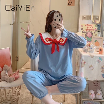 

CAIYIER Flower Girls Cotton Pajamas Set Autumn Winter Cartoon Bow Sleepwear For Women Stretch Pants Loungewear Pijama Muje M-2XL