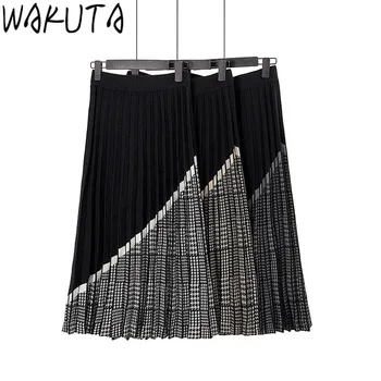 

WAKUTA Women 2020 Patchwork A-line Skirt New Autumn Winter Fashion High-elastic Waist Plaid Knittted Pleated Fladas Office Lady