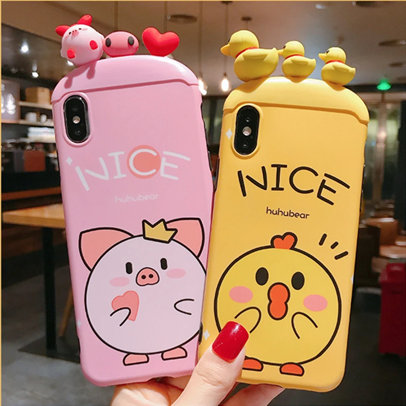

Funny Cartoon stereoscopic Small Yellow Duck Pink Pig Phone case For iPhone XR XS MAX X 7 8 6 6SPlus Cute Doll Toys Cover coque