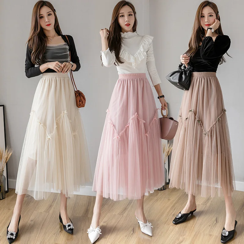 

Gauze Skirt Women's 2020 New Style High-waisted Slimming A- line Bow Joint Fairy Skirt Mid-length Cover Mesh Dress