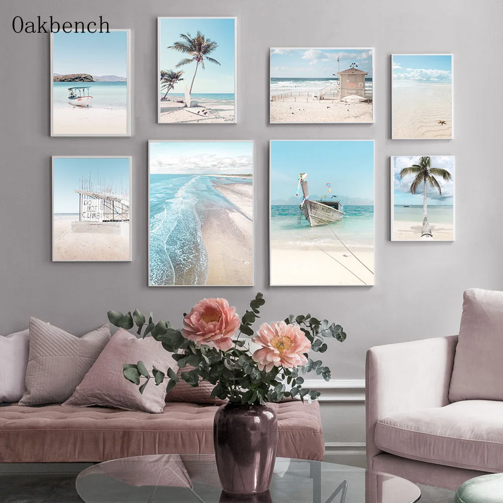 Sea Scenery Canvas Painting Sailboat Poster Beach Coconut Tree Wall Art Print Ocean Posters Nordic Pictures Home Decor | Дом и сад