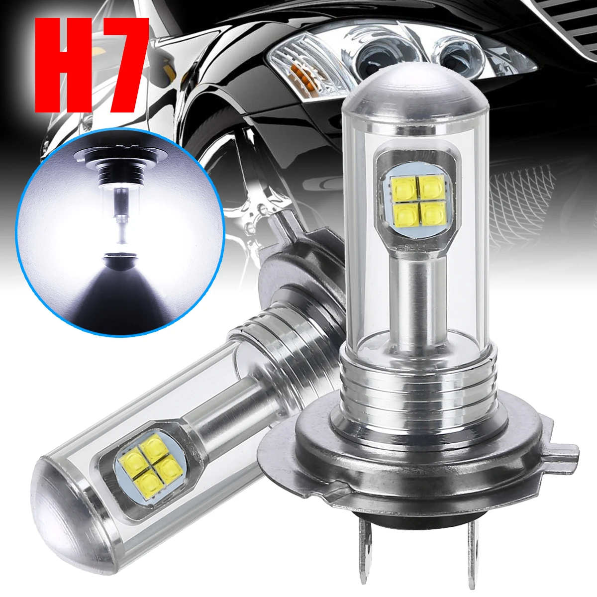 2 шт./компл. H7 фар автомобиля 80 Вт 3000LM 6000k 12 V/24 V светодиодный белые Автомобильные фары Противотуманные фары дальнего света лампы