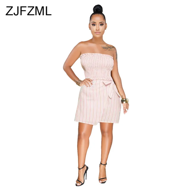 

Striped Pink Sexy Two Piece Skirt Set Women Clothes Backless Strapless Pleated Crop Tops and Mini Bow Wrap Skirt Summer Outfits