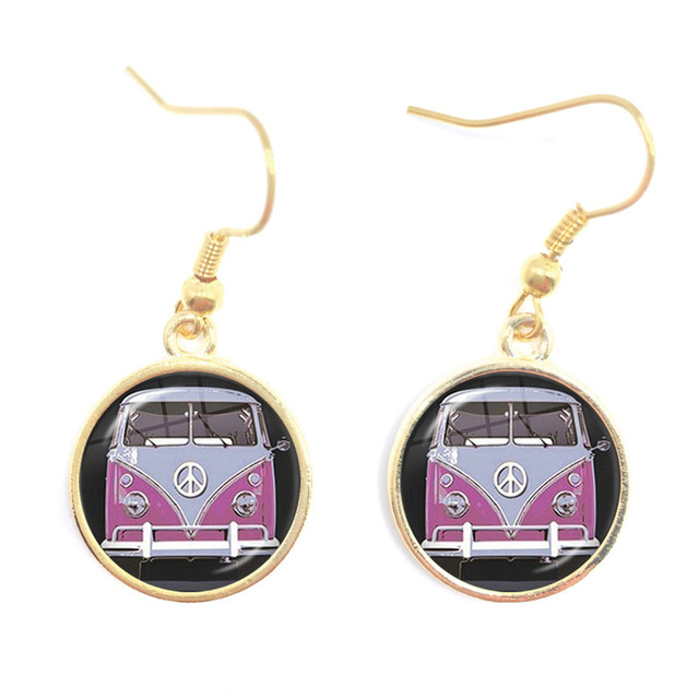 Blue-Red-Yellow Hippie Peace Van Bus Photo Drop Earrings Retro Beach Bus Car Collectors Bus Peace Sign Jewelry For Women