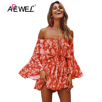 

ADEWEL Red Off Shoulder Boho Romper Dress One Shoulder Trumpet Sleeve Vestidos Verano 2019 Mujer Bohemios Women Princess Dress