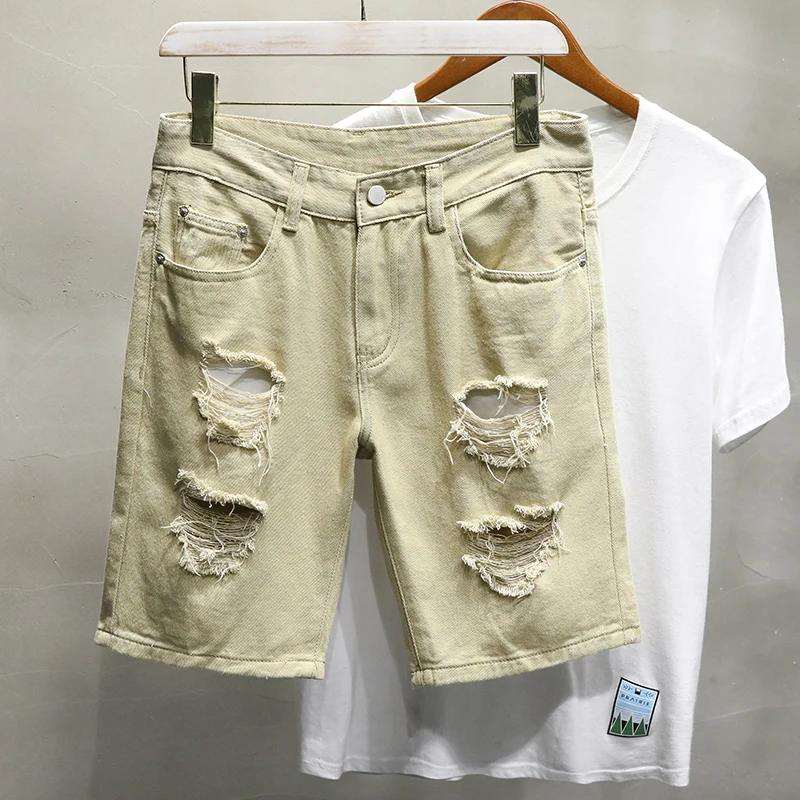 Men Clothing Summer Ripped Hole White 
