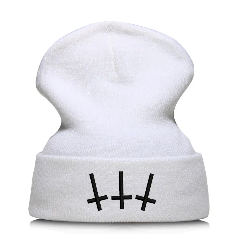 Beanie шляпа Skullie шапка, вязаная шапка-носок зима-осень вышивка в стиле панк Для мужчин Для женщин подростков уличных танцев забавные по заказу покупателя хип-хоп-крест - Цвет: Белый