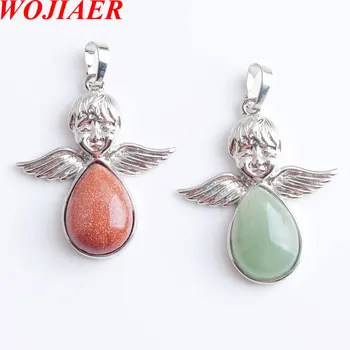 

5PCS/Lot Angels Wings Natural Stones Necklace&Pendants Onyx Silver-color Water Drop Jewelry Female Gift WOJIAER PBN807