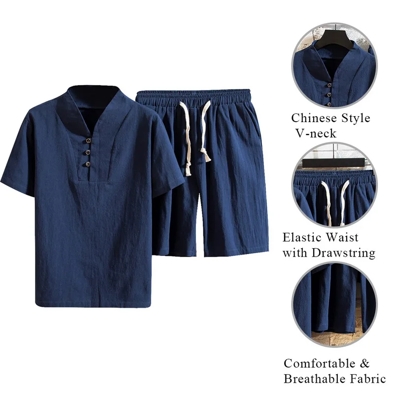 Мужское повседневное однотонное хлопковое белье домашняя одежда Ensemble Homme комплект из 2 предметов летняя рубашка с короткими рукавами топ+ шорты на шнурке
