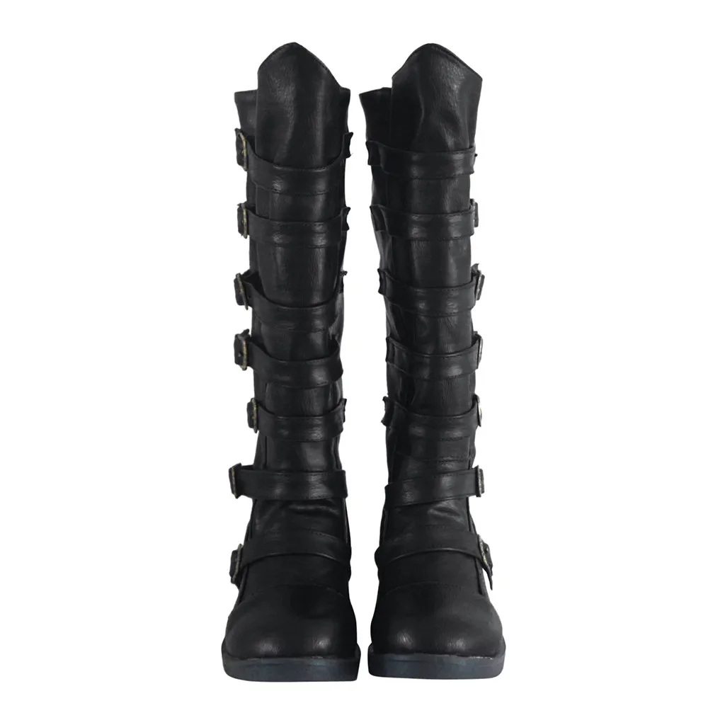 Женские ботинки модные кожаные рыцарские Сапоги выше колена с круглым носком на низком каблуке с пряжкой и ремешком в западном стиле женская обувь; большие размеры; M50