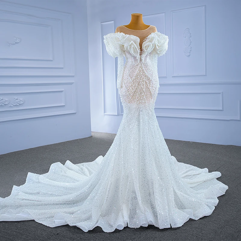 RSM67280D 2021 New Dubai Wedding Dress Long Sleeve Plus Size Shiny With Glitters Luxury Wedding Dress Robe De MariéE Luxueuse 3