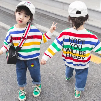 

Girls' T-shirt autumn 2020 new long sleeve Korean loose Rainbow Stripe bottoming fashion tops shirt for promotion 1-71