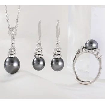 

MeiBaPJ 925 Sterling Silver Spiral shape Fashion Jewelry Set Natural Black Pearl Pendant Ring Earrings Wedding Jewelry for Women