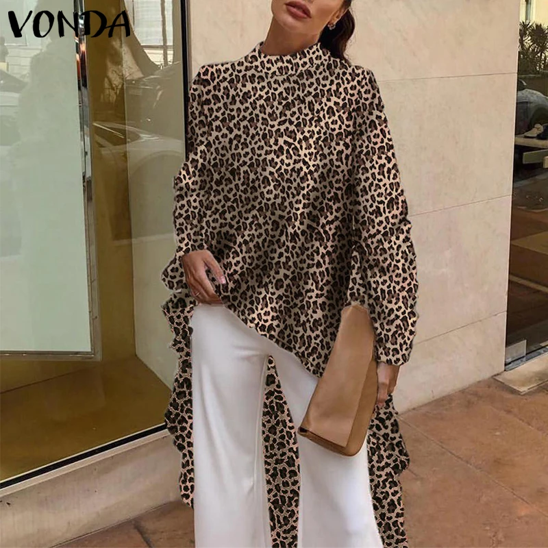 VONDA летняя блуза с леопардовым принтом повседневная женская блуза с длинным рукавом винтажная офисная рубашка асимметричный Длинный топ размера плюс