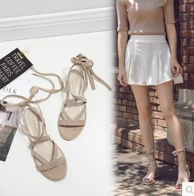 

Summer Korean-style Cross Straps Small Slanted Heel Peep-Toe Lace-up Flat Casual Rome WOMEN'S Sandals