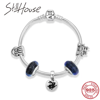 

Hight Quality 925 Silver Charms Bracelet & Bangles With Queen Castle Bowknot Handbags Blue Murano Glass Beads Bracelet for Women