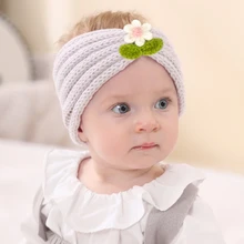 

Wide Headband Wool Knitted Turban for Baby Girls Warm Ear Protection Newborn Soft Woolen Headwrap with Little Flower Hairbands