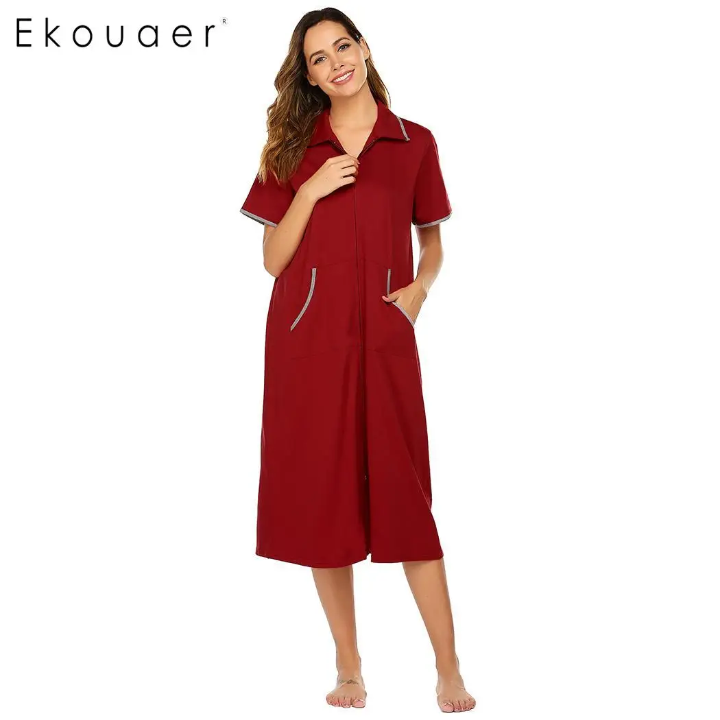 Ekouaer длинная ночная рубашка Loungewear женский воротник с коротким рукавом и молнией карман свободная одежда для сна ночнушка