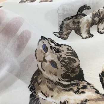 

100x145cm Black and White Cat Print Polyester Thin Chiffon Fabric For Woman Summer Dress Long Beach Dress Blouse DIY Sewing