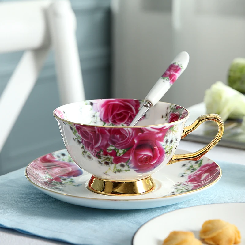 Bone China Teetasse Set - Pastorale Rose Mit Untertasse & Löffel 200ml