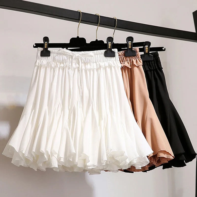 Белые, черные шифоновые летние шорты, Женская юбка, мода, Корейская юбка-пачка с высокой талией, плиссированная мини-юбка для школы, Женская юбка