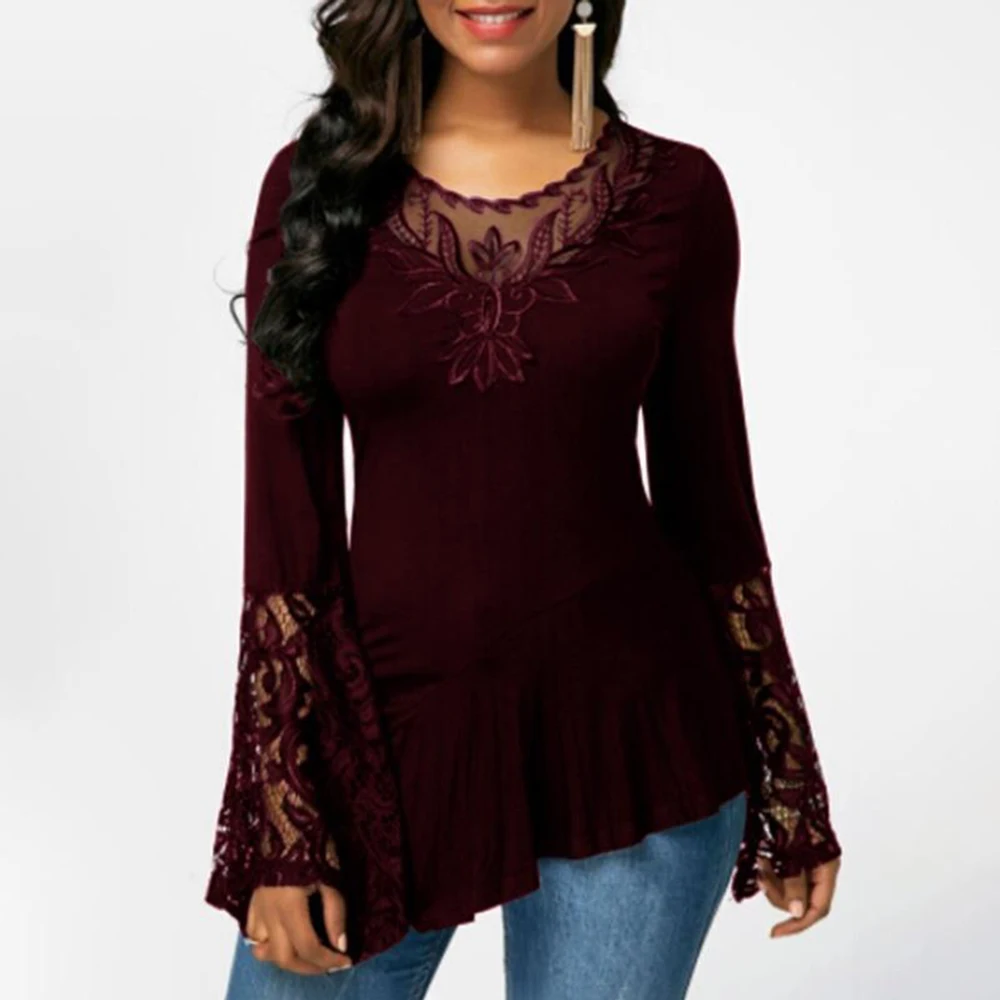 

Autumn Winter Irregular Lace Printed T-Shirt Women Sexy Hollow Out Long Flare Sleeve O-Neck Fashion Casual Tops Plus Size S-5xl