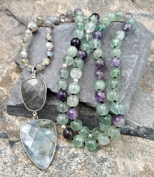

Labradorite Pendant Fluorites Stone Beads Handmade Necklace M0121