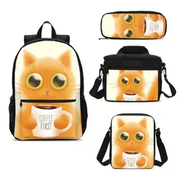 Kawaii Cat с кофе комплект школьных сумок для девочек Женский Детский рюкзак; рюкзак ручка мешок льда Mujer Escolar Mochila тепловой мешок