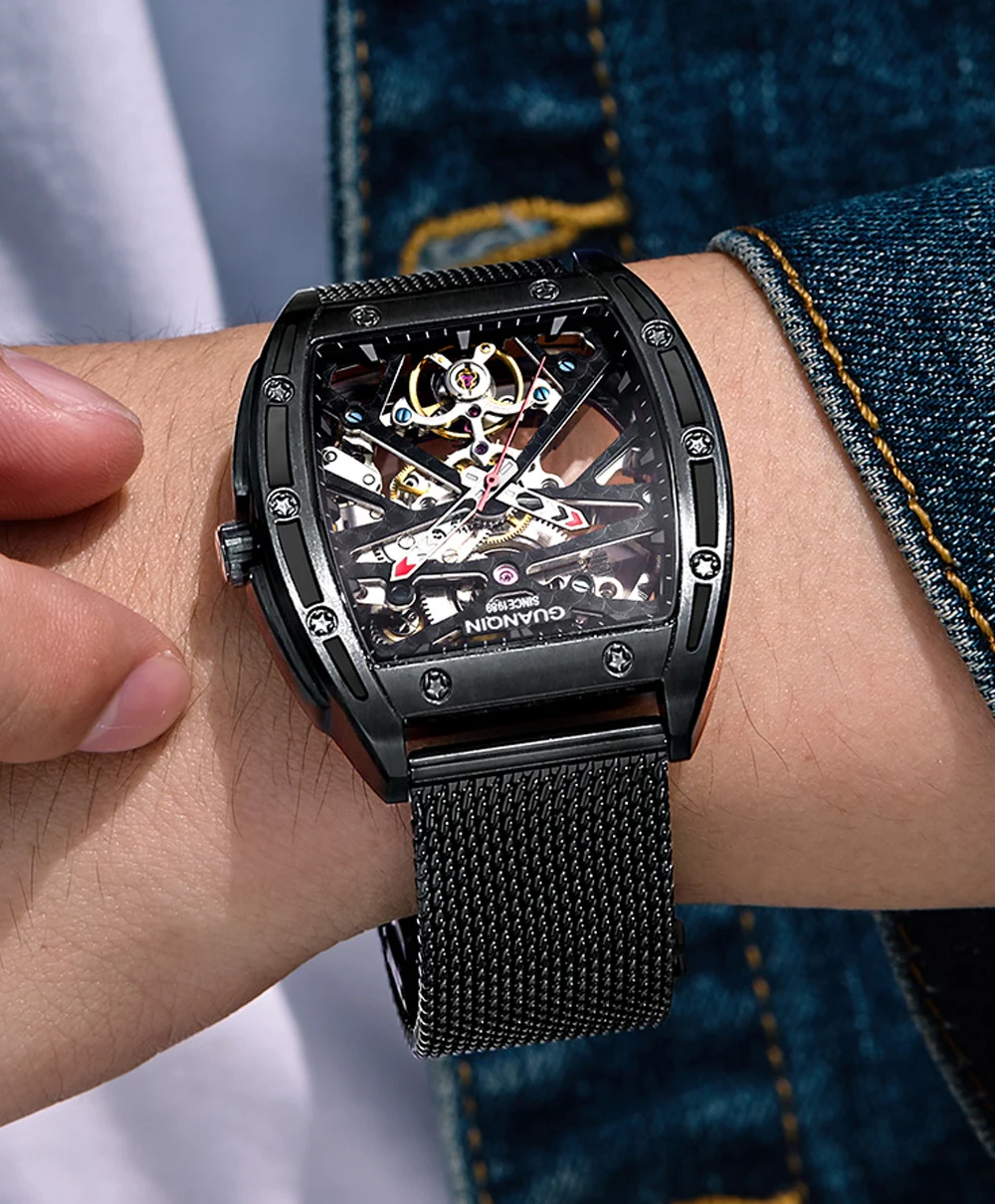 2021 New GUANQIN Tourbillon Men's Mechanical Watches Skeleton Luxury automatic watch for men Waterproof Clock man reloj hombre