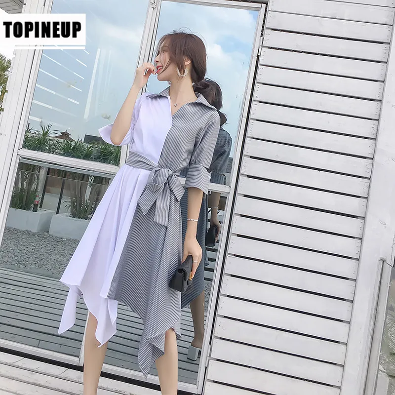 

Fashion OL style striped patchwork irregular women summer dress with belt 2018 new hot slim dresses vestidos jn387