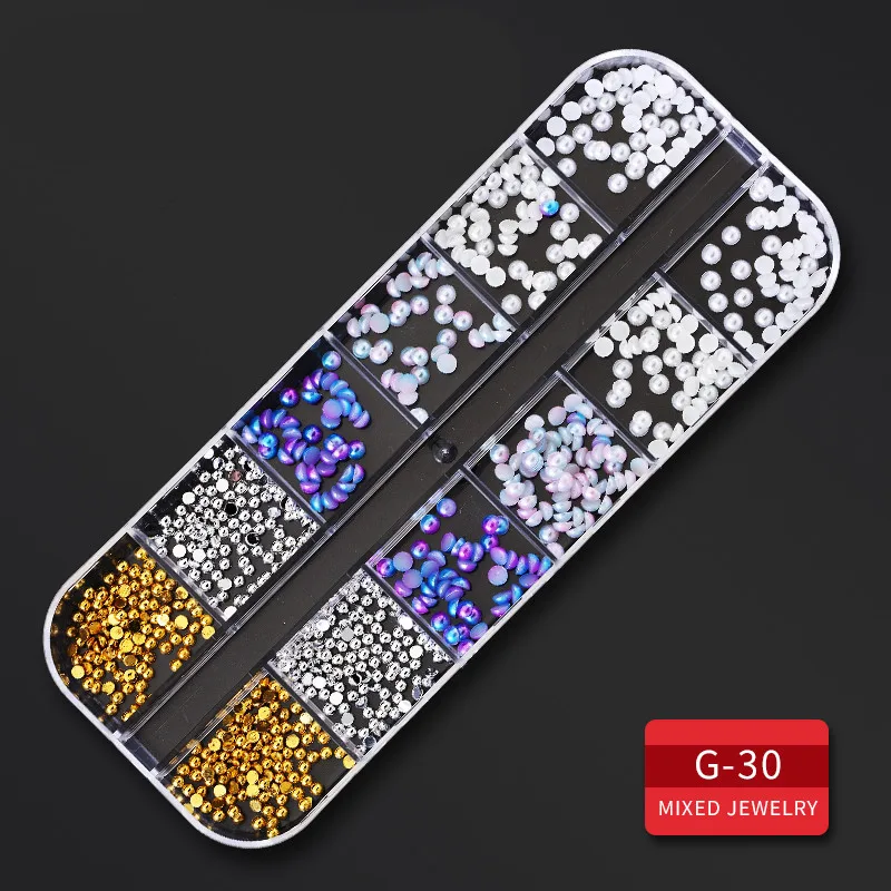 G30 1 коробка, многоразмерные Стразы для ногтей, 3D кристалл, AB стеклянные камни для ногтей, смешанные цвета, сделай сам, украшения для ногтей, золотые, серебряные стразы - Цвет: G30
