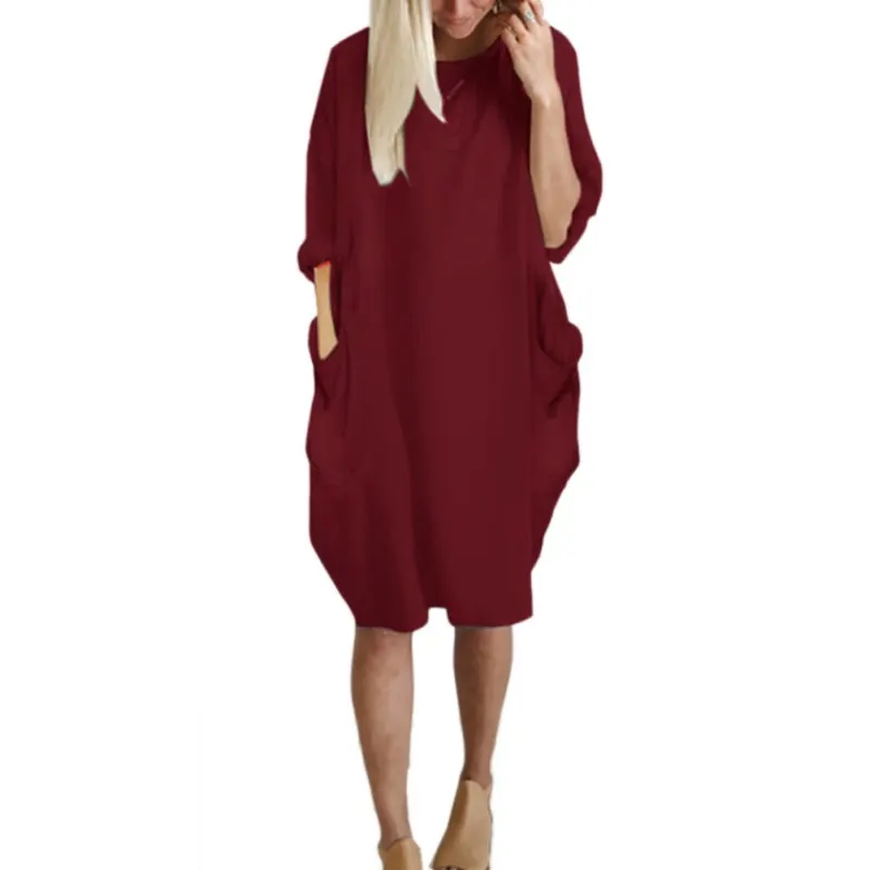 5XL Женская однотонная шапка модное свободное платье с карманами Женская Повседневная Длинная Верхняя одежда с вырезом лодочкой Большие размеры